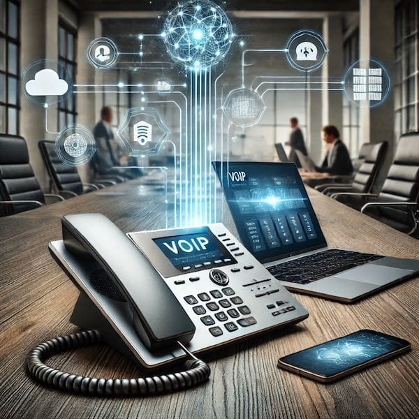 VOIP VOIP demonstration image with an illustration of cloud services connecting a phone to a network