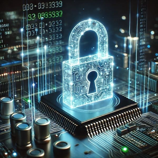 cybersecurity futuristic image showing a digital lock on a computer chip