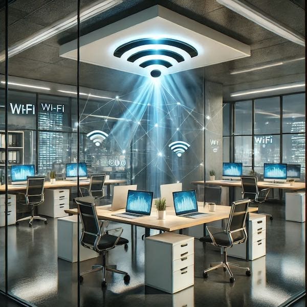 wifi wifi infastructure illustrated covering a futuristic office