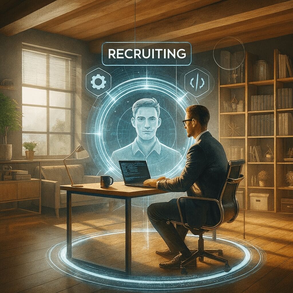 IT Recruiting an AI image of a recruiter looking at a potential canidate for hire